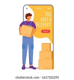 You have delivery cartoon smartphone vector app screen. Parcel tracking notification. Man with packages. Mobile phone displays with flat character design mockup. Application telephone cute interface