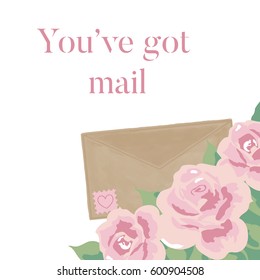 You have got mail vector card with envelope, stamp, heart and flowers