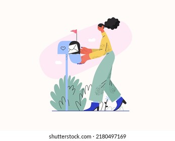 You have a message - Online shopping and electronic commerce series - modern flat vector concept illustration of woman getting letter from postbox. Promotion, discounts, sale and online orders concept