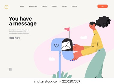 You have a message -Online shopping and electronic commerce web template -modern flat vector illustration of woman getting letter from postbox. Promotion, discounts, sale and online orders concept