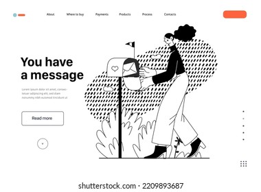 You have a message -Online shopping and electronic commerce web template -modern flat vector illustration of woman getting letter from postbox. Promotion, discounts, sale and online orders concept