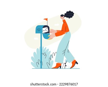 You have a message - Online shopping and electronic commerce series - modern flat vector concept illustration of woman getting letter from postbox. Promotion, discounts, sale and online orders concept