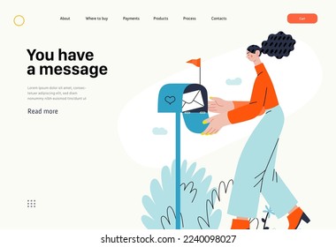 You have a message - Online shopping and electronic commerce series - modern flat vector concept illustration of woman getting letter from postbox. Promotion, discounts, sale and online orders concept