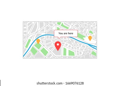 you are here city map. concept of type of urban area, place with highway, roundabout, streets, river, park. sign for region app nav with favorite mark. simple flat symbol isolated on white background