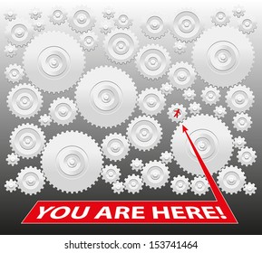 You are here! - Gearbox, which demonstrates both that you are a prisoner - bound to the system - or on the other hand that you are part of a team working together. Isolated vector on grey background.