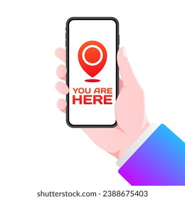 You are here icon. Flat, color, phone in hand, geo tag, you are here icon. Vector icon