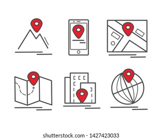 You are here icon set: navigation and map line icons Vector Icons - Red and grey icon here and home gps  geolocation, transportation, tourism.