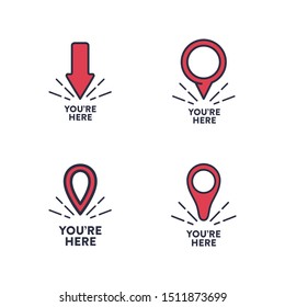 You are here icons. Info speech bubble symbol. Map pointer with your location sign. Hand cursor. Flat icon pointers.