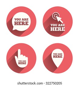 You are here icons. Info speech bubble symbol. Map pointer with your location sign. Hand cursor. Pink circles flat buttons with shadow. Vector
