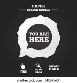 You are here icons. Info speech bubble symbol. Map pointer with your location sign. Hand cursor. Paper speech bubble with icon.