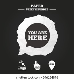 You are here icons. Info speech bubble symbol. Map pointer with your location sign. Hand cursor. Paper speech bubble with icon.