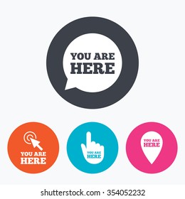You are here icons. Info speech bubble symbol. Map pointer with your location sign. Hand cursor. Circle flat buttons with icon.