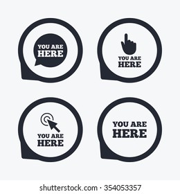 You are here icons. Info speech bubble symbol. Map pointer with your location sign. Hand cursor. Flat icon pointers.
