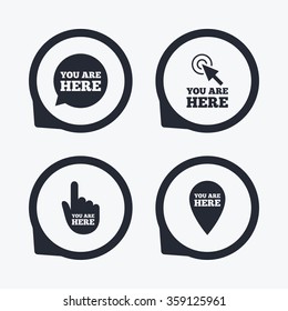 You are here icons. Info speech bubble symbol. Map pointer with your location sign. Hand cursor. Flat icon pointers.