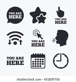 You are here icons. Info speech bubble symbol. Map pointer with your location sign. Hand cursor. Wifi internet, favorite stars, calendar and clock. Talking head. Vector