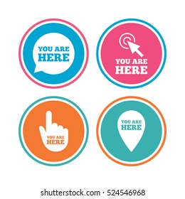 You are here icons. Info speech bubble symbol. Map pointer with your location sign. Hand cursor. Colored circle buttons. Vector