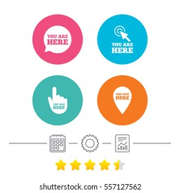 You are here icons. Info speech bubble symbol. Map pointer with your location sign. Hand cursor. Calendar, cogwheel and report linear icons. Star vote ranking. Vector