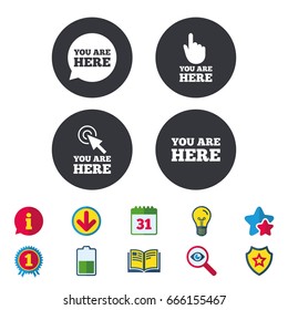 You are here icons. Info speech bubble symbol. Map pointer with your location sign. Hand cursor. Calendar, Information and Download signs. Stars, Award and Book icons. Light bulb, Shield and Search
