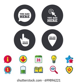 You are here icons. Info speech bubble symbol. Map pointer with your location sign. Hand cursor. Calendar, Information and Download signs. Stars, Award and Book icons. Light bulb, Shield and Search