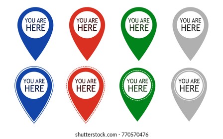 You are here icons. Info speech bubble symbol. Map pointer with your location sign. Hand cursor. Flat icon pointers.