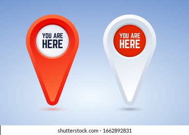 You are here map pins. Vector illustration in two color options. Red and white pins for use in maps, plans, and others.
