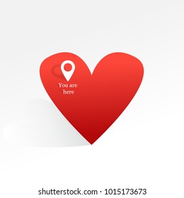 You are here navigation pin mark on heart. Happy Valentine's Day concept. Vector illustration