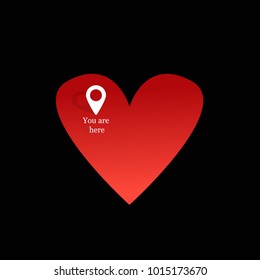 You are here navigation pin on heart. Happy Valentine's Day concept. Vector illustration
