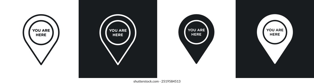 You are here pointer icon collection in black and white filled and stroke line style.