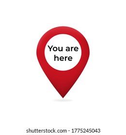 You are here pointer on web map. Red pointer marked graphic sign of travel and location on map navigation destination simple vector arrow rhombus.