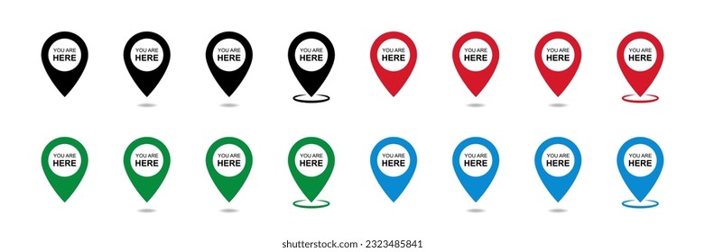 You Are Here pointer set. Flat, color You Are Here icons. GPS map pins. Your location markers. Black, red, blue, green pointers. Vector illustration.