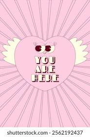 You are here poster. Heart character sticker in trendy retro groovy style. Lovely and psychedelic valentines day mascot with face. Vector illustration on pink background