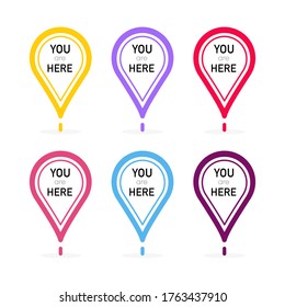 You Are Here Red Location Pointer Marker collection of different colors isolated on white background. Vector.