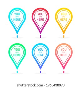You Are Here Red Location Pointer Marker collection of different gradients isolated on white background. Vector.