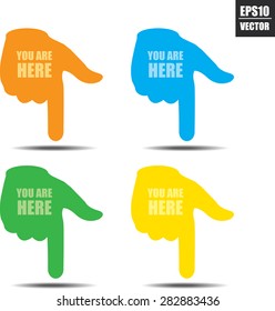 You are here sign with colorful hand isolated white background - Vector.