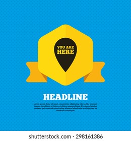 You are here sign icon. Info map pointer with your location. Yellow label tag. Circles seamless pattern on back. Vector