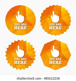 You are here sign icon. Info symbol with hand. Map pointer with your location. Triangular low poly buttons with flat icon. Vector
