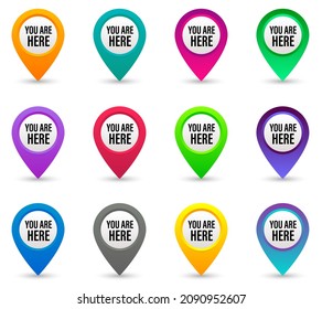 You Are Here Sign Mark Icon Set. Map Pin Symbol Vector Illustration.