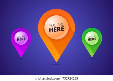You are here signs with map pointer, pin shape and 3d effect ball. Vector illustration in three color variants.