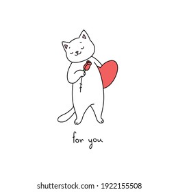 For You. Illustration of a cute cat holding a rose and a big pink heart in his paws. St. Valentine's day concept. Vector 10 EPS 