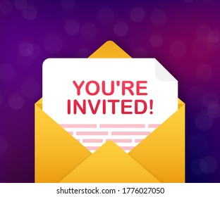 You re invited Badge icon. Written Inside An Envelope Letter. Vector illustration.