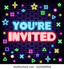 You are invited Badge in neon style. Neon script. Night bright advertising. Trendy design elements. Vector Illustration