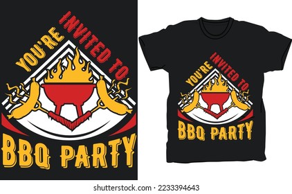 You are invited to BBQ party vector typography t-shirt design. Perfect for print items and bags, posters, cards, vector illustration. Isolated on black.