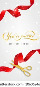 You are invited, best party for all vertical banner design with gold scissors cutting red ribbons on white sparkling background. Lettering can be used for invitations, signs, greeting cards.