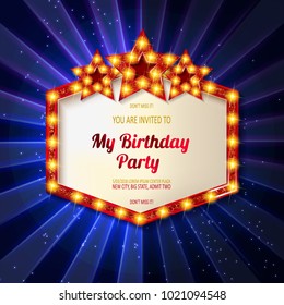 You are invited to a birthday party. Card in vintage cinematic style. In a beautiful gold frame with stars. Vector illustration