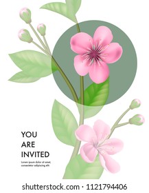 You are invited card template with transparent cherry flowers and green circle on white background. Party, event, celebration. Holiday concept. Can be used for invitation, greeting card, brochure