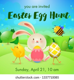 You are Invited, Easter Egg Hunt lettering, rabbit, bee and chick. Easter party invitation. Handwritten text, calligraphy. For leaflets, brochures, invitations, posters or banners.