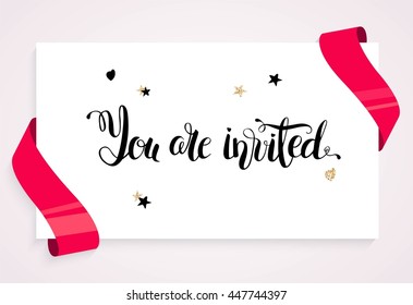 You are invited invitation card. Banner with balloons, ribbons and  paper sheet. You are invited script. Vector illustration