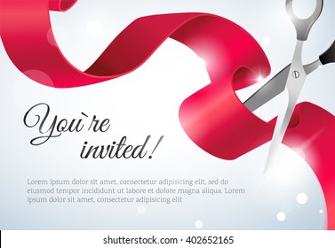 You are invited invitation card with curving ribbon and sparkling bokeh background. Grand opening concept. Vector illustration