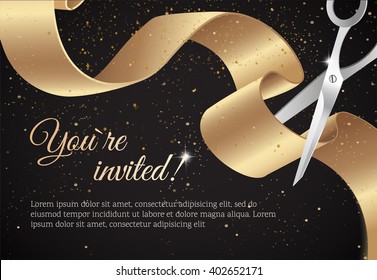 You are invited invitation card with curving ribbon and sparkling background. Grand opening concept. Vector illustration