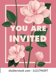 You are invited lettering with cherry flowers on pink background. Handwritten text, calligraphy. Party concept. Can be used for invitation, flyer, brochure